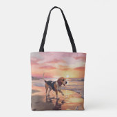 Sandy Paws Beagle Hond op Strand Zonsondergang Tote Bag (Achterkant)