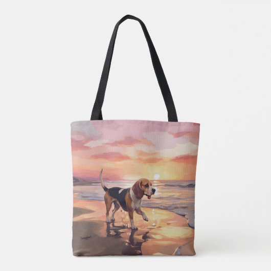 Sandy Paws Beagle Hond op Strand Zonsondergang Tote Bag (Achterkant)