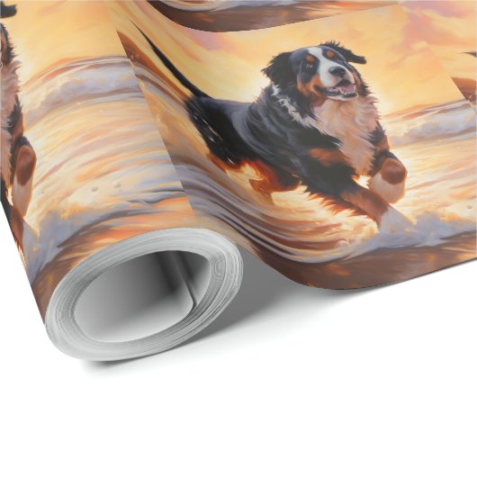 Sandy Paws Berner Berghond op Strand Zonsondergang Cadeaupapier (Rol Hoek)