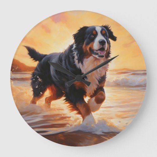Sandy Paws Berner Berghond op Strand Zonsondergang Grote Klok (Voorkant)