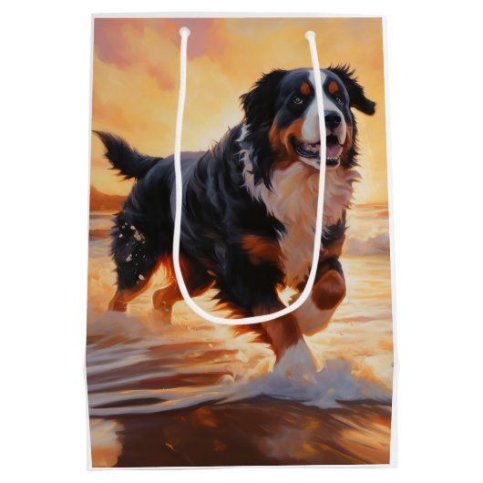 Sandy Paws Berner Berghond op Strand Zonsondergang Medium Cadeauzakje (Achterkant)