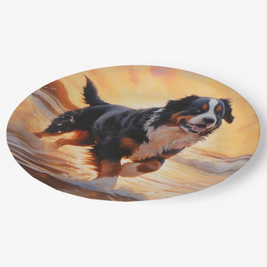 Sandy Paws Berner Berghond op Strand Zonsondergang Papieren Bordje (Gekanteld)