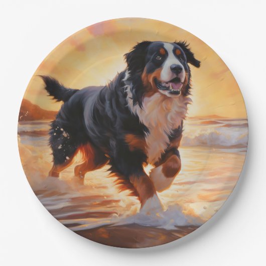 Sandy Paws Berner Berghond op Strand Zonsondergang Papieren Bordje (Voorkant)