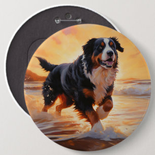 Sandy Paws Berner Berghond op Strand Zonsondergang Ronde Button 6,0 Cm