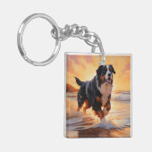 Sandy Paws Berner Berghond op Strand Zonsondergang Sleutelhanger (Voorkant Links)