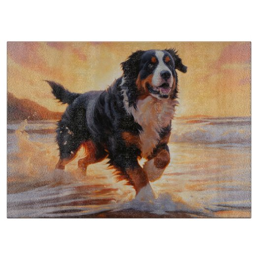 Sandy Paws Berner Berghond op Strand Zonsondergang Snijplank (Voorkant)