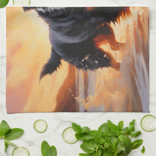 Sandy Paws Berner Berghond op Strand Zonsondergang Theedoek (Gevouwen)