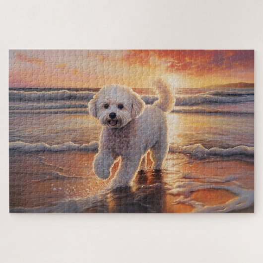Sandy Paws Bichon Frise-hond op strand bij zonsond Legpuzzel (Horizontaal)
