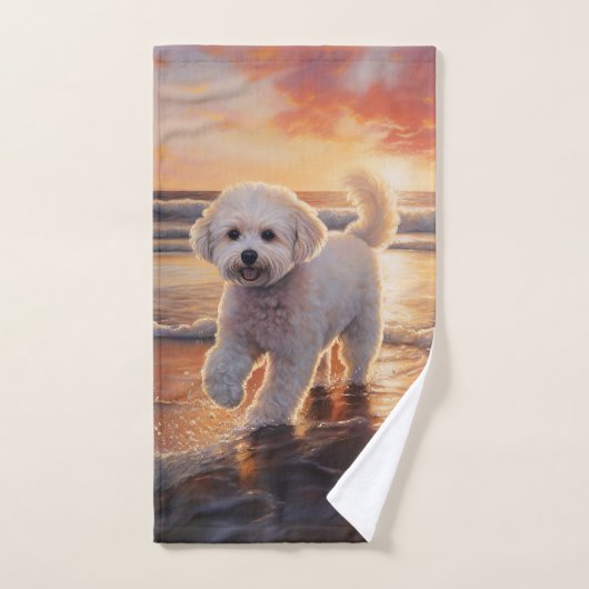 Sandy Paws Bichon Frise Hond op Strand Zonsonderga Bad Handdoek (Handdoek)