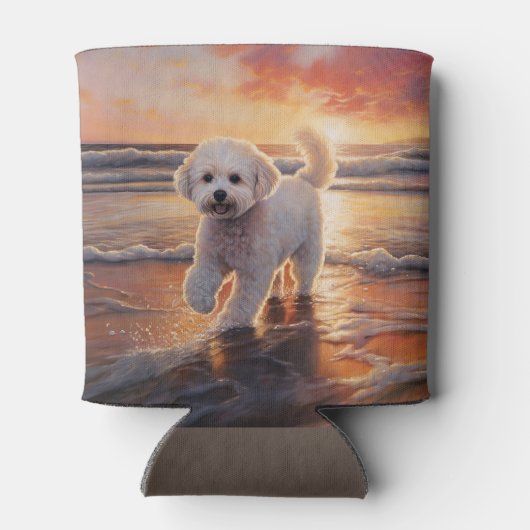 Sandy Paws Bichon Frise Hond op Strand Zonsonderga Blikjeskoeler (Achterkant)