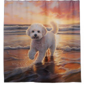 Sandy Paws Bichon Frise Hond op Strand Zonsonderga Douchegordijn (Voorkant)