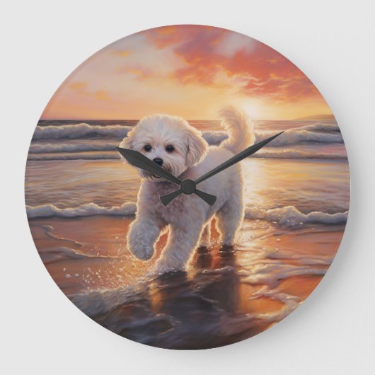 Sandy Paws Bichon Frise Hond op Strand Zonsonderga Grote Klok (Voorkant)