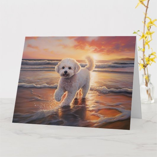 Sandy Paws Bichon Frise Hond op Strand Zonsonderga Kaart (Gele Bloem)