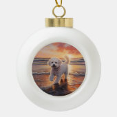 Sandy Paws Bichon Frise Hond op Strand Zonsonderga Keramische Bal Ornament (Voorkant)