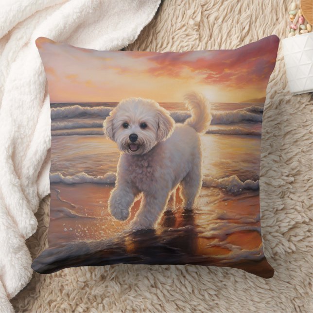 Sandy Paws Bichon Frise Hond op Strand Zonsonderga Kussen (Deken)