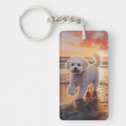 Sandy Paws Bichon Frise Hond op Strand Zonsonderga Sleutelhanger (Voorkant)