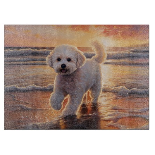 Sandy Paws Bichon Frise Hond op Strand Zonsonderga Snijplank (Voorkant)