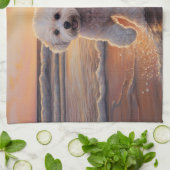 Sandy Paws Bichon Frise Hond op Strand Zonsonderga Theedoek (Gevouwen)