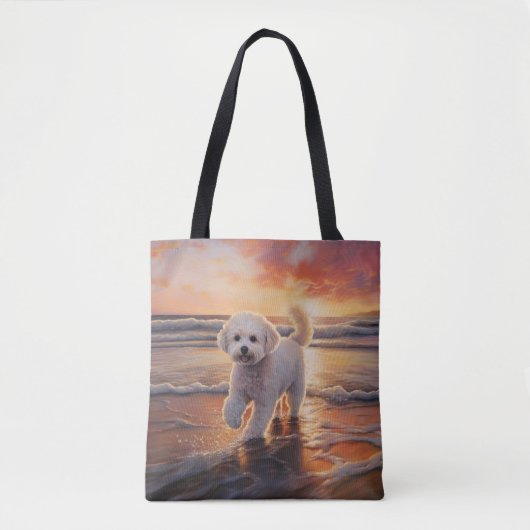 Sandy Paws Bichon Frise Hond op Strand Zonsonderga Tote Bag (Voorkant)