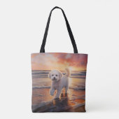 Sandy Paws Bichon Frise Hond op Strand Zonsonderga Tote Bag (Achterkant)
