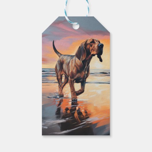 Sandy Paws bloedhond op strand zonsondergang Cadeaulabel (Achterkant)