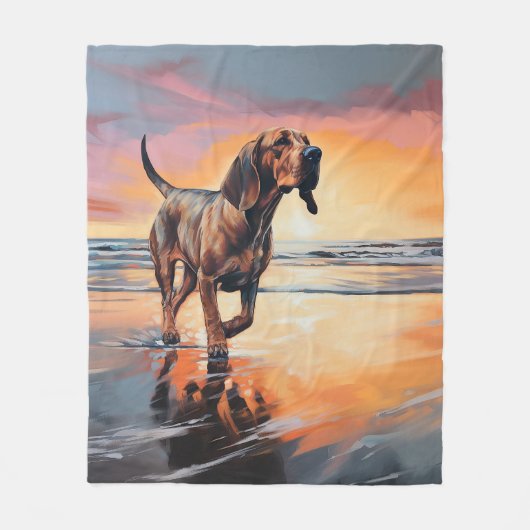 Sandy Paws bloedhond op strand zonsondergang Fleece Deken (Voorkant)