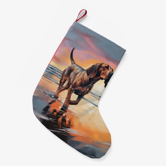 Sandy Paws bloedhond op strand zonsondergang Kleine Kerstsok (Voorkant (Hangend))