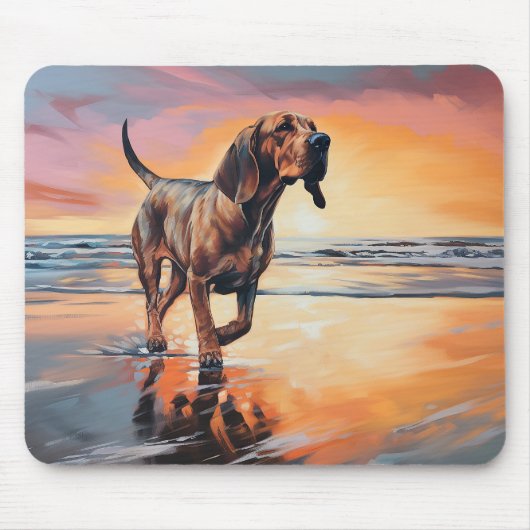 Sandy Paws bloedhond op strand zonsondergang Muismat (Voorkant)