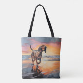 Sandy Paws bloedhond op strand zonsondergang Tote Bag (Achterkant)