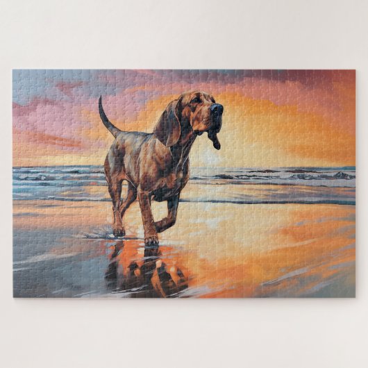 Sandy Paws Bloodhound Hond op Strand Zonsondergang Legpuzzel (Horizontaal)