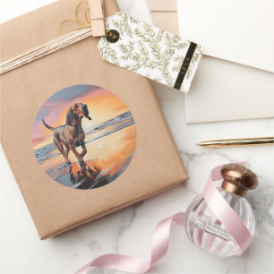 Sandy Paws Bloodhound Hond op Strand Zonsondergang Ronde Sticker