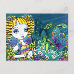 "Sandy" Rainbow Zee Turtle Mermaid Art Briefkaarte Briefkaart