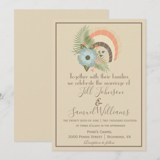 Sandy Seashell Coastal Wedding Kaart (Voorkant / Achterkant)