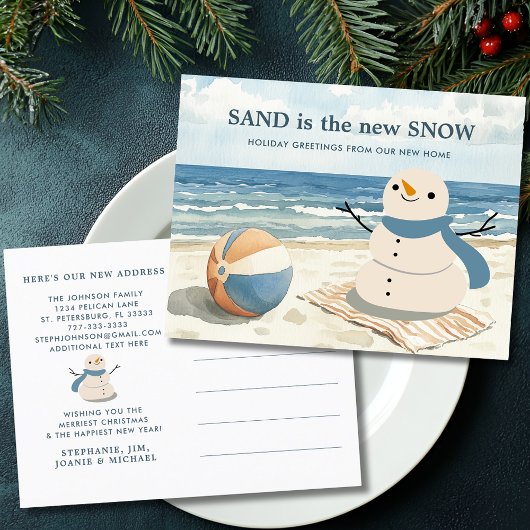 Sandy Snowman Beach Scene Nieuw Adres Feestdagenkaart