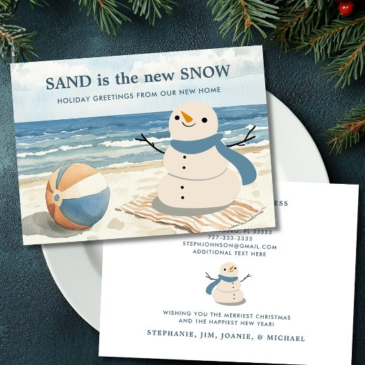Sandy Snowman Beach Scene Vakantie Verhuizen Aankondiging