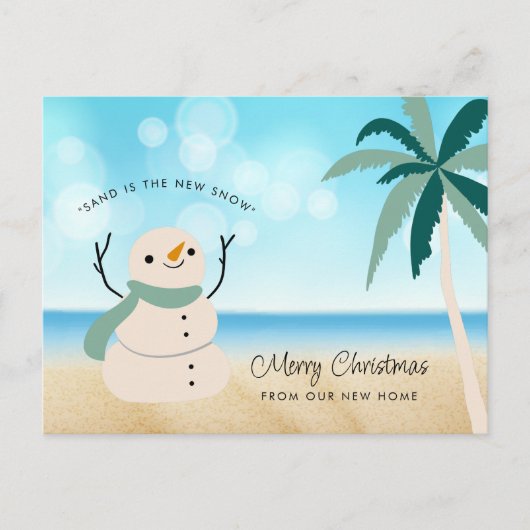 Sandy Snowman Palm Tree on Beach New Home Aankondigingskaart (Voorkant)