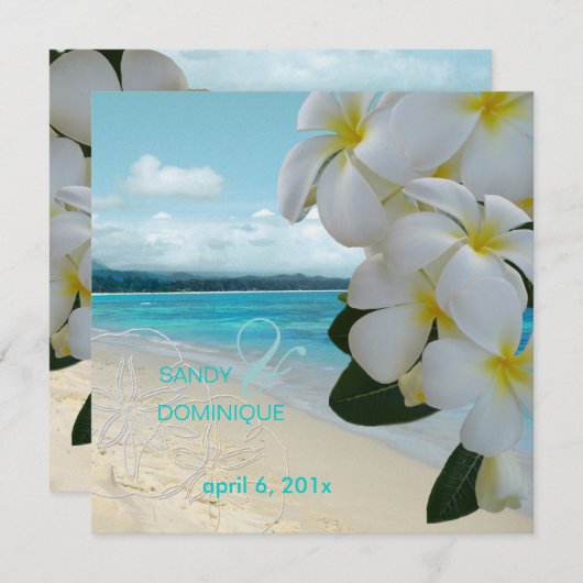 Sandy strand/plumeria bestemmingsbruiloft kaart (Voorkant / Achterkant)
