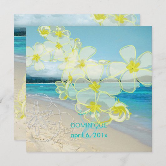 Sandy strand/plumerias-bestemming bruiloft kaart (Voorkant / Achterkant)