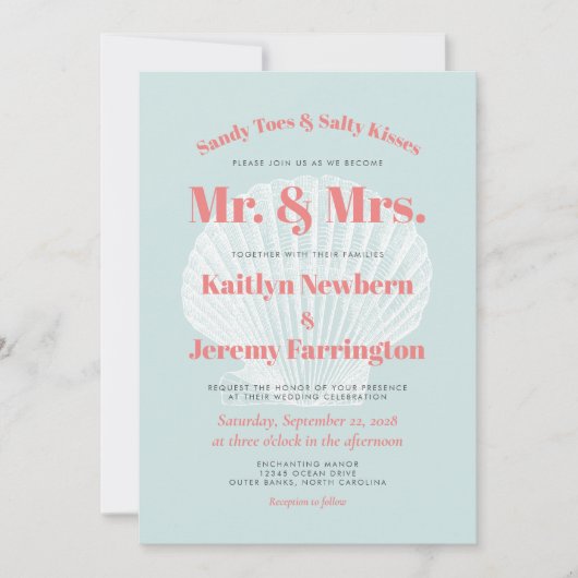 Sandy Toes Aqua Coral Seashell Beach Weddenschap Kaart (Voorkant)