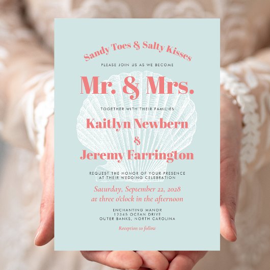 Sandy Toes Aqua Coral Seashell Beach Weddenschap Kaart