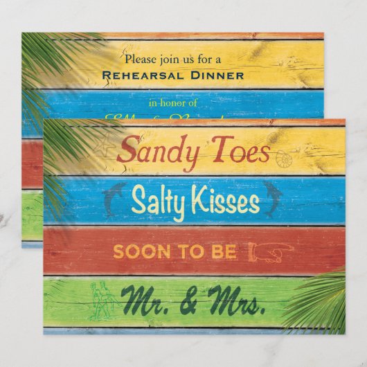 Sandy Toes Salty Kisses Rehearsal Dinner Invite Kaart (Voorkant / Achterkant)