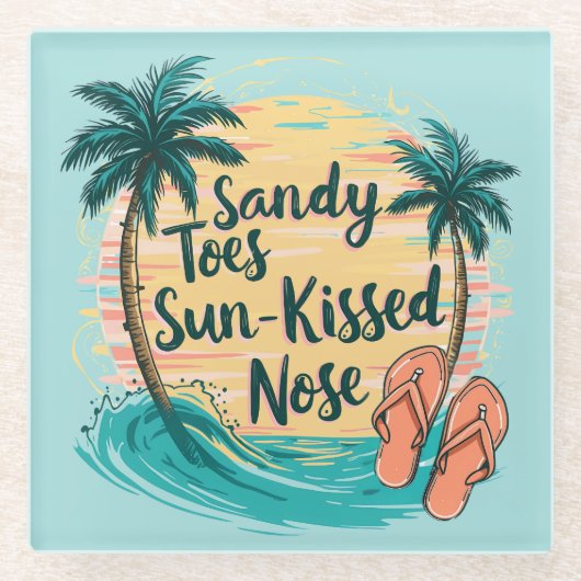 Sandy Toes Sun-Kissed Nose Beach esthetiek Glazen Onderzetter (Voorkant)