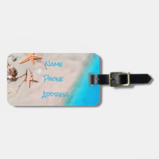 Sandy Tropical Beach Starfish Seashell Bagagelabel (Voorkant horizontaal)