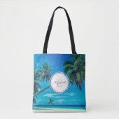 Sandy White Beach met tropisch palmmonogram Tote Bag (Voorkant)