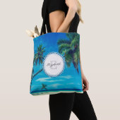 Sandy White Beach met tropisch palmmonogram Tote Bag (Dichtbij)