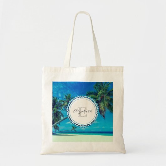 Sandy White Beach met tropisch palmmonogram Tote Bag (Voorkant)