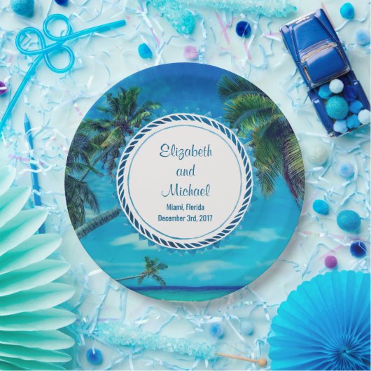 Sandy White Beach met tropische palmbomen bruiloft Papieren Bordje (Feest)