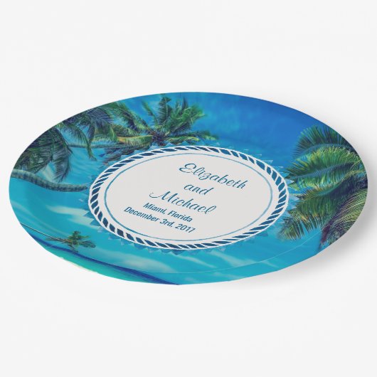 Sandy White Beach met tropische palmbomen bruiloft Papieren Bordje (Gekanteld)