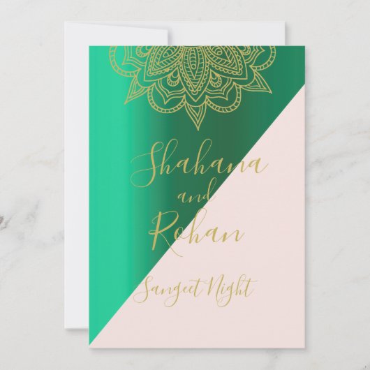 Sangeet Indische Stijl Groen Roze Goud Moderne Kle Kaart (Voorkant)