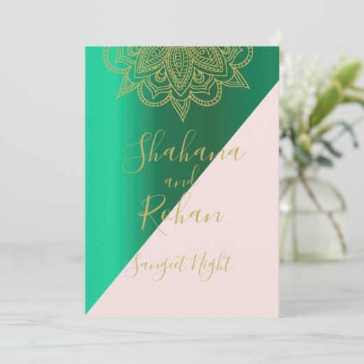Sangeet Indische Stijl Groen Roze Goud Moderne Kle Kaart (Staand voorkant)